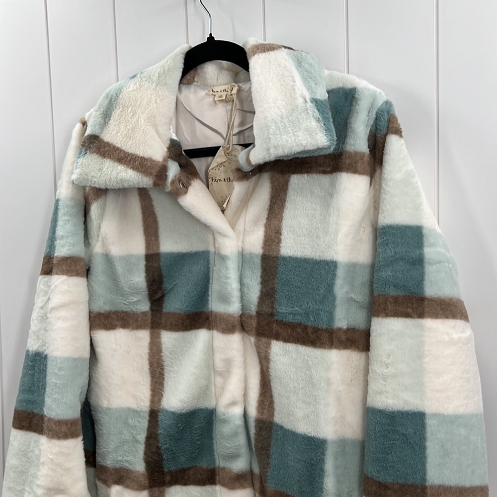 🆕Hem & Thread Fleece Jacket Plaid Colorblock Teal/Robins Egg Blue & Cream NWT - Picture 4 of 13